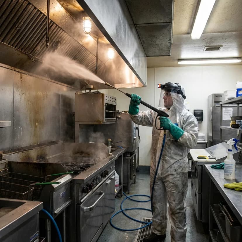 Technician cleaning hood